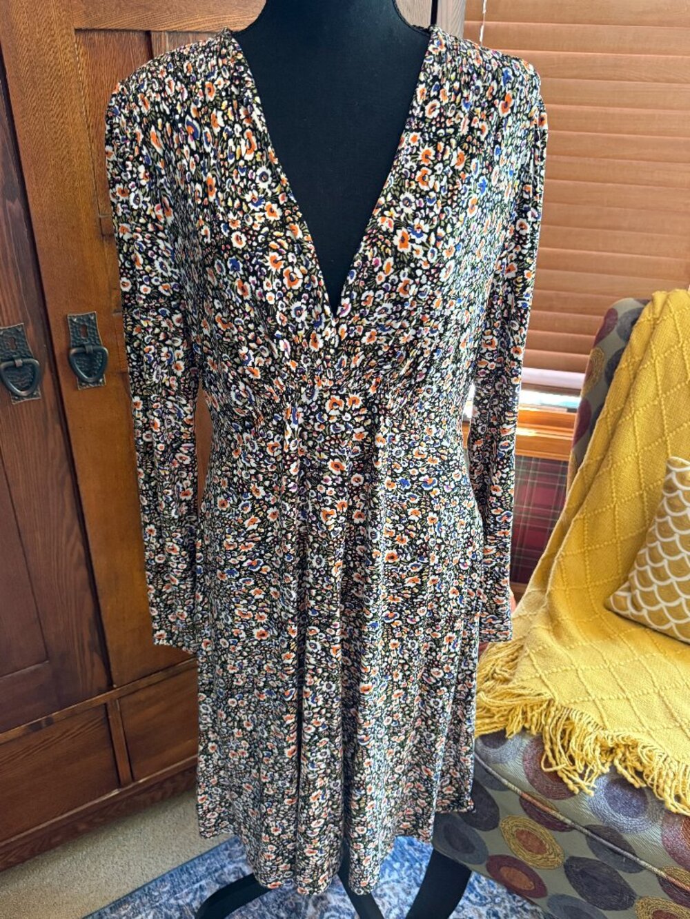 Boden Long Sleeve Floral V-Neck Midi Dress US10L